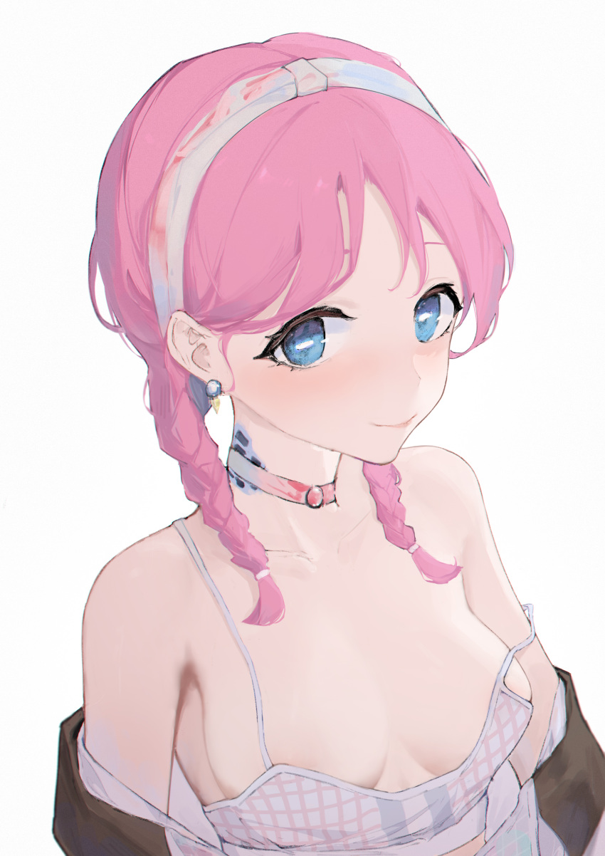 1girl, absurdres, arknights, blue_eyes, blue_poison_(arknights), blue_poison_(shoal_beat)_(arknights), braid, breasts, chinese_commentary, choker, collarbone, hairband, highres, long_hair, looking_at_viewer, medium_breasts, o-ring, o-ring_choker, off_shoulder, pink_choker, pink_hair, ruyouguizhu, scales, solo, sports_bra, strap_slip, twin_braids, upper_body, white_hairband, white_sports_bra