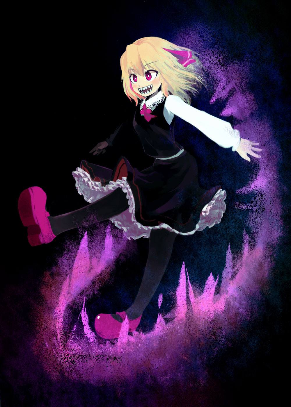 1girl, :d, arms_up, ascot, bangs, beads, black_legwear, black_skirt