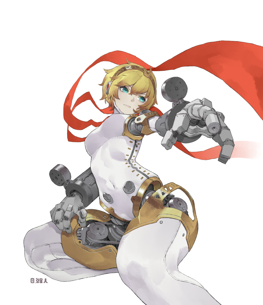 1girl, absurdres, aegis_(persona), android, blonde_hair, blue_eyes, breasts, english_commentary