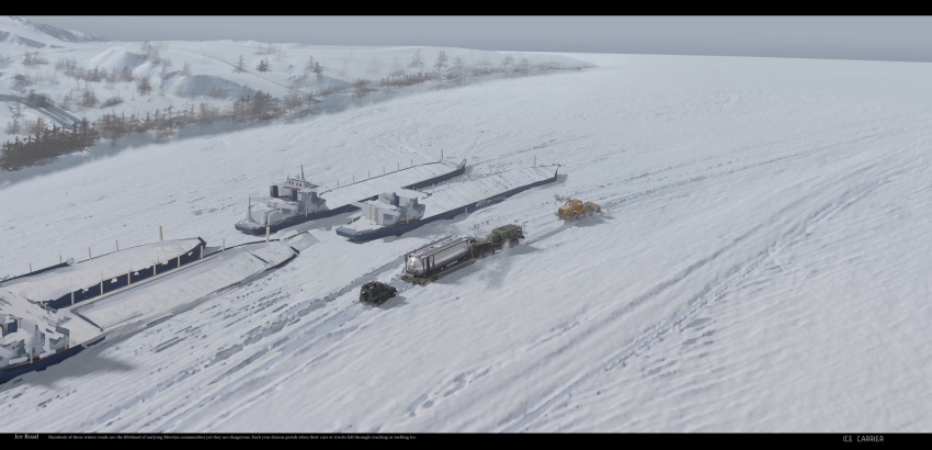 frozen, grey_sky, ground_vehicle, haguruma_c, highres, motor_vehicle, original, river, ship, snow, snowplow, tank_truck, tree, truck, watercraft