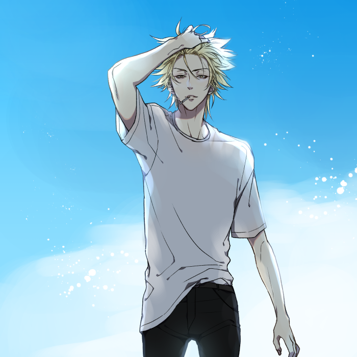 1boy, arm_up, black_pants, blonde_hair, blue_sky, cigarette, hand_in_hair, looking_at_viewer