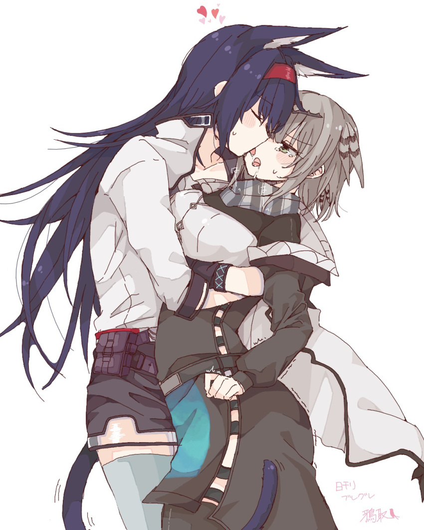 2girls, animal_ears, arknights, bird_girl, blaze_(arknights), blue_hair, blush_stickers, breasts, cat_ears, cat_girl, cat_tail, closed_eyes, commentary_request, eyebrows_visible_through_hair, feathers, grey_hair, greythroat_(arknights), hairband, heart, highres, hug, karasuto, long_hair, multiple_girls, red_hairband, saliva, saliva_swap, saliva_trail, sweatdrop, tail, tongue, tongue_out, yuri