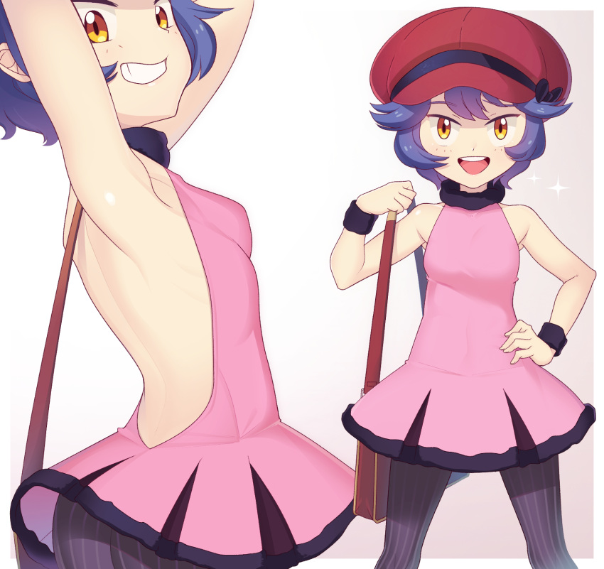 1girl, :d, arms_up, bag, bangs, brown_bag, commentary_request, dress