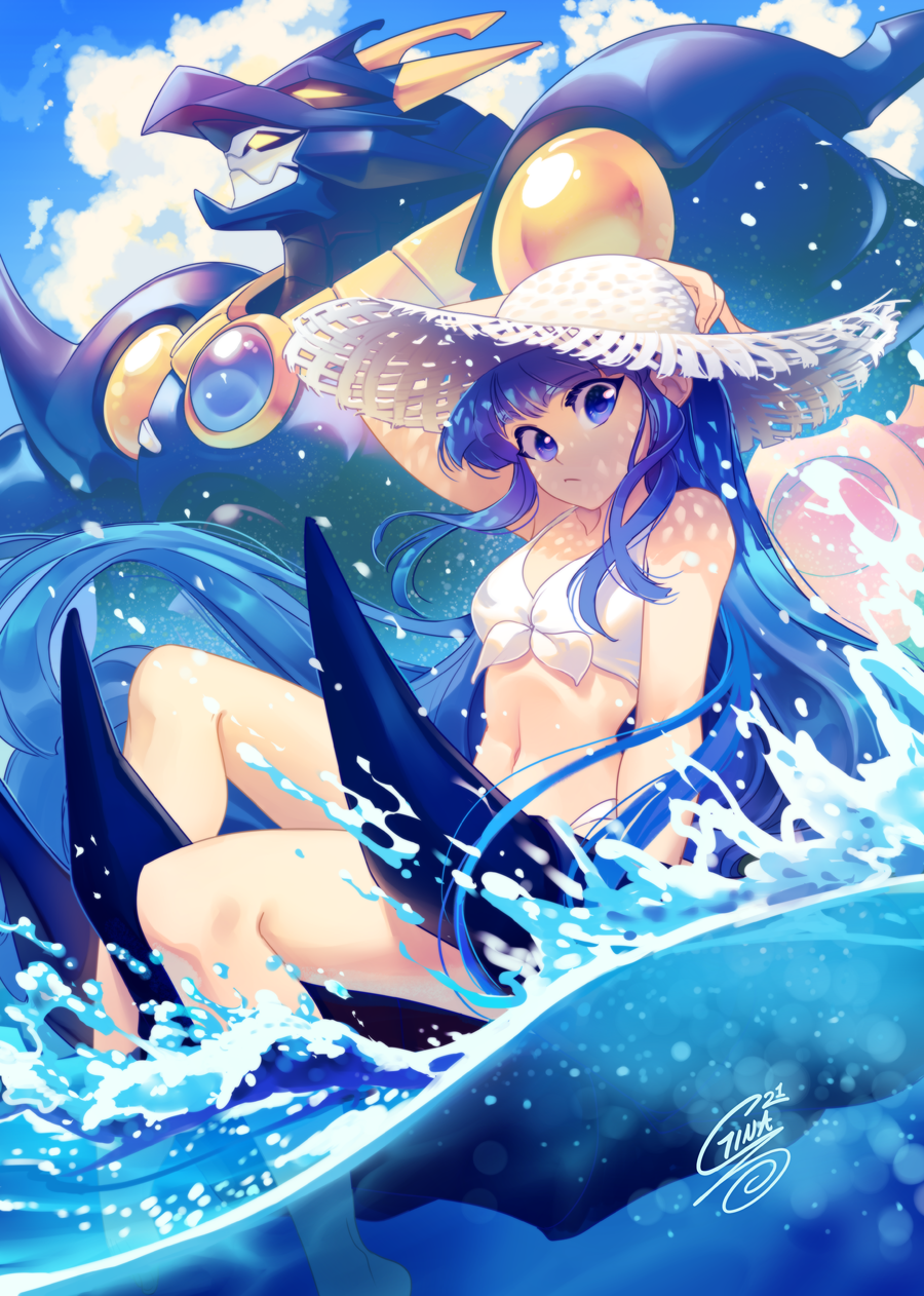 1girl, bikini, blue_eyes, blue_hair, ceres_(rayearth), gina_chacon, hat, highres