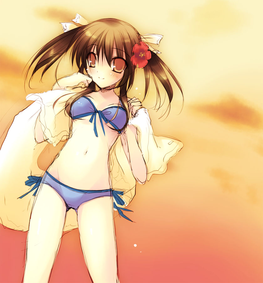 brown_eyes, brown_hair, flower, front-tie_top, hair_flower, hair_ornament, original, side-tie_bikini