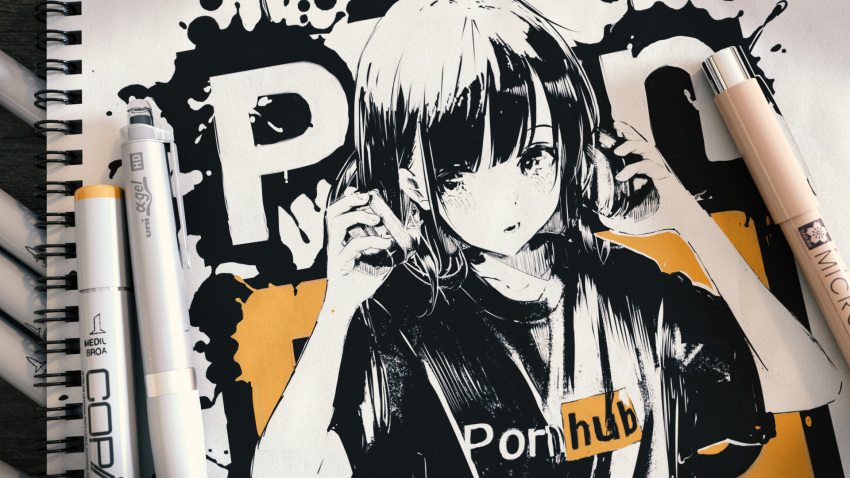 1girl, bangs, black_hair, black_shirt, commentary, copyright_name, hanecha1220, headphones