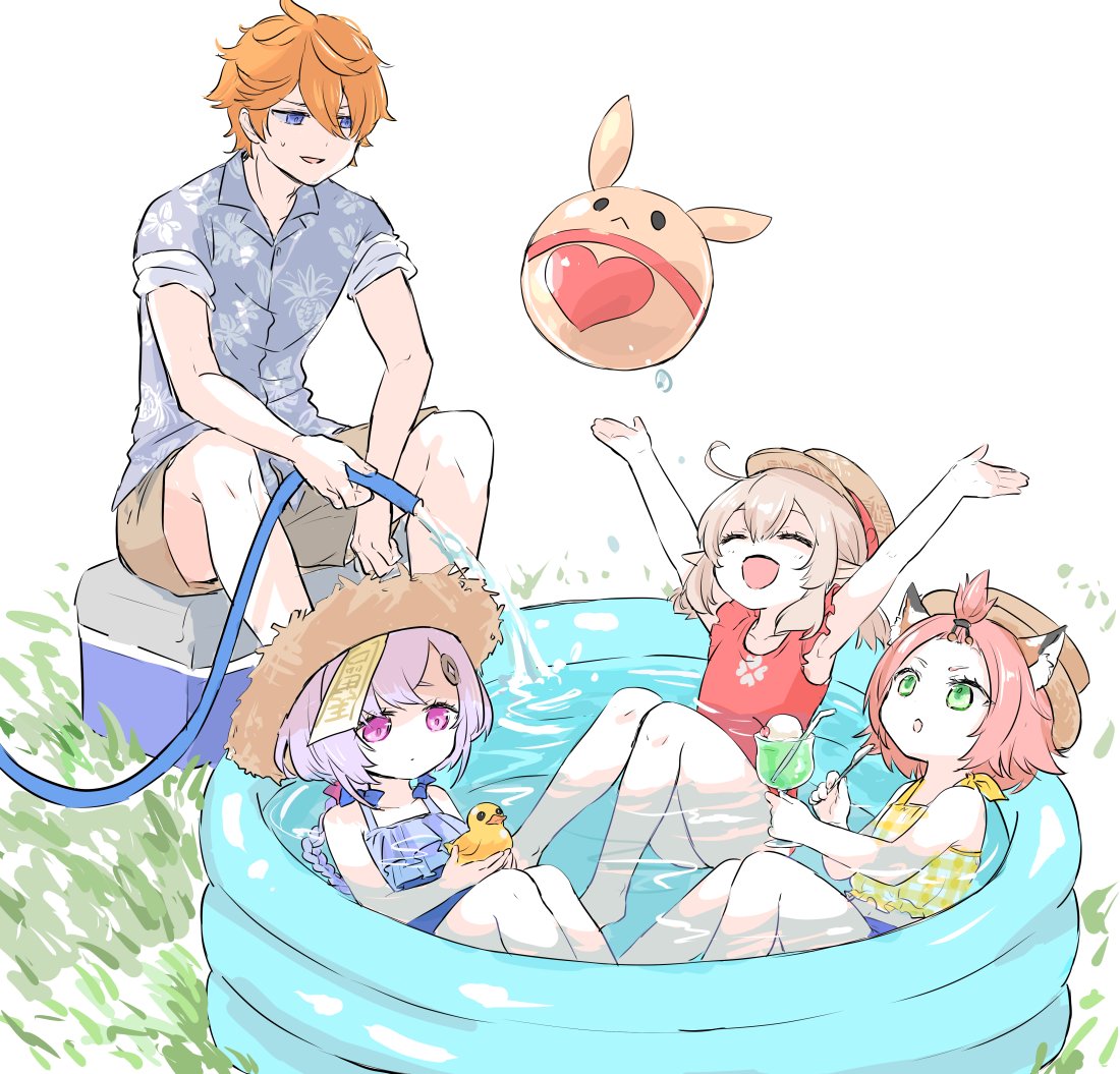1boy, 3girls, :d, ^_^, ^o^, ahoge, alternate_costume, amulet, animal_ears, armpits, arms_up, ball, bangs, bangs_pinned_back, blue_eyes, blue_swimsuit, bow, box, braid, brown_hair, casual, cat_ears, cat_tail, closed_eyes, clover_print, coin_hair_ornament, collarbone, contemporary, cooler, cup, diona_(genshin_impact), eyebrows_visible_through_hair, food, frilled_swimsuit, frills, genshin_impact, green_eyes, hair_between_eyes, hair_bow, hair_ribbon, hat, himeko_(nico6v6pachi), holding, holding_cup, holding_spoon, hose, ice_cream, ice_cream_float, in_water, jiangshi, jumpy_dumpty, klee_(genshin_impact), light_brown_hair, long_hair, low_ponytail, midriff, multiple_girls, navel, ofuda, open_mouth, outstretched_arms, parted_lips, pink_hair, pointy_ears, purple_hair, qiqi_(genshin_impact), red_swimsuit, ribbon, rubber_duck, short_hair, sidelocks, single_braid, sitting, smile, spoon, spread_arms, straw_hat, sun_hat, sweat, swimsuit, tail, tartaglia_(genshin_impact), violet_eyes, wading_pool