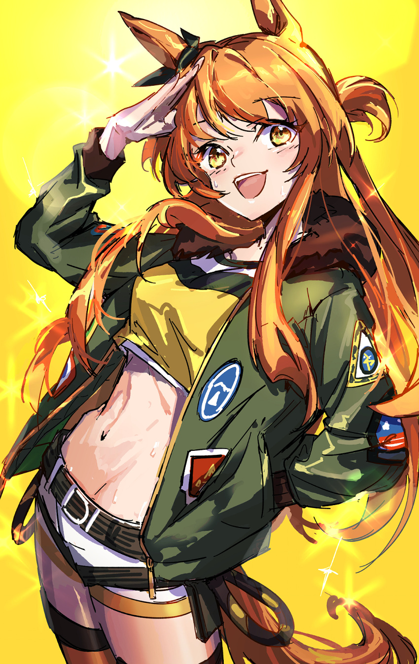 1girl, animal_ears, bangs, bomber_jacket, breasts, brown_eyes, crop_top, green_jacket