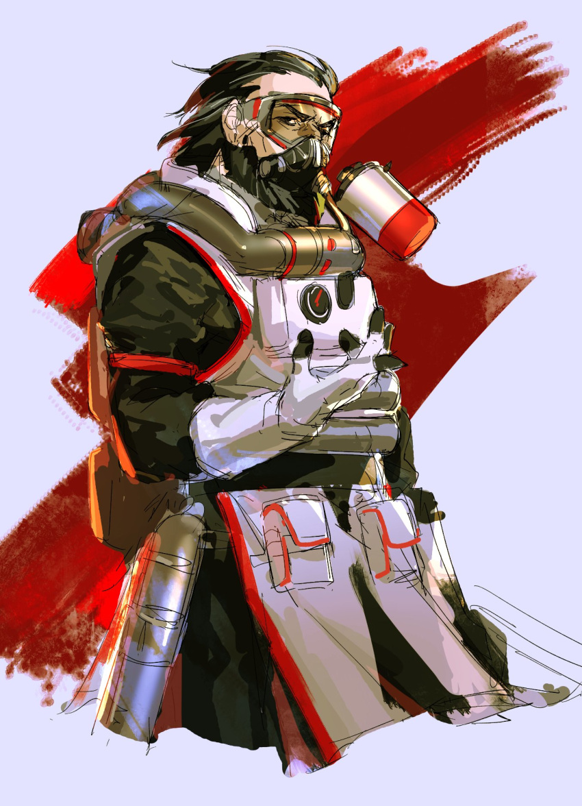 1boy, apex_legends, bangs, black_bodysuit, bodysuit, brown_eyes, brown_hair, caustic_(apex_legends)