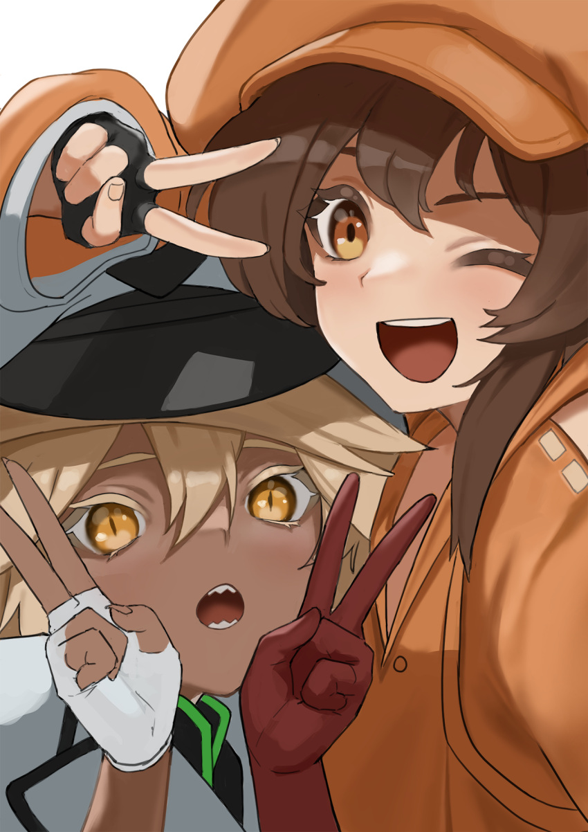 2girls, :d, bangs, black_gloves, blonde_hair, brown_eyes, brown_hair, dark_skin
