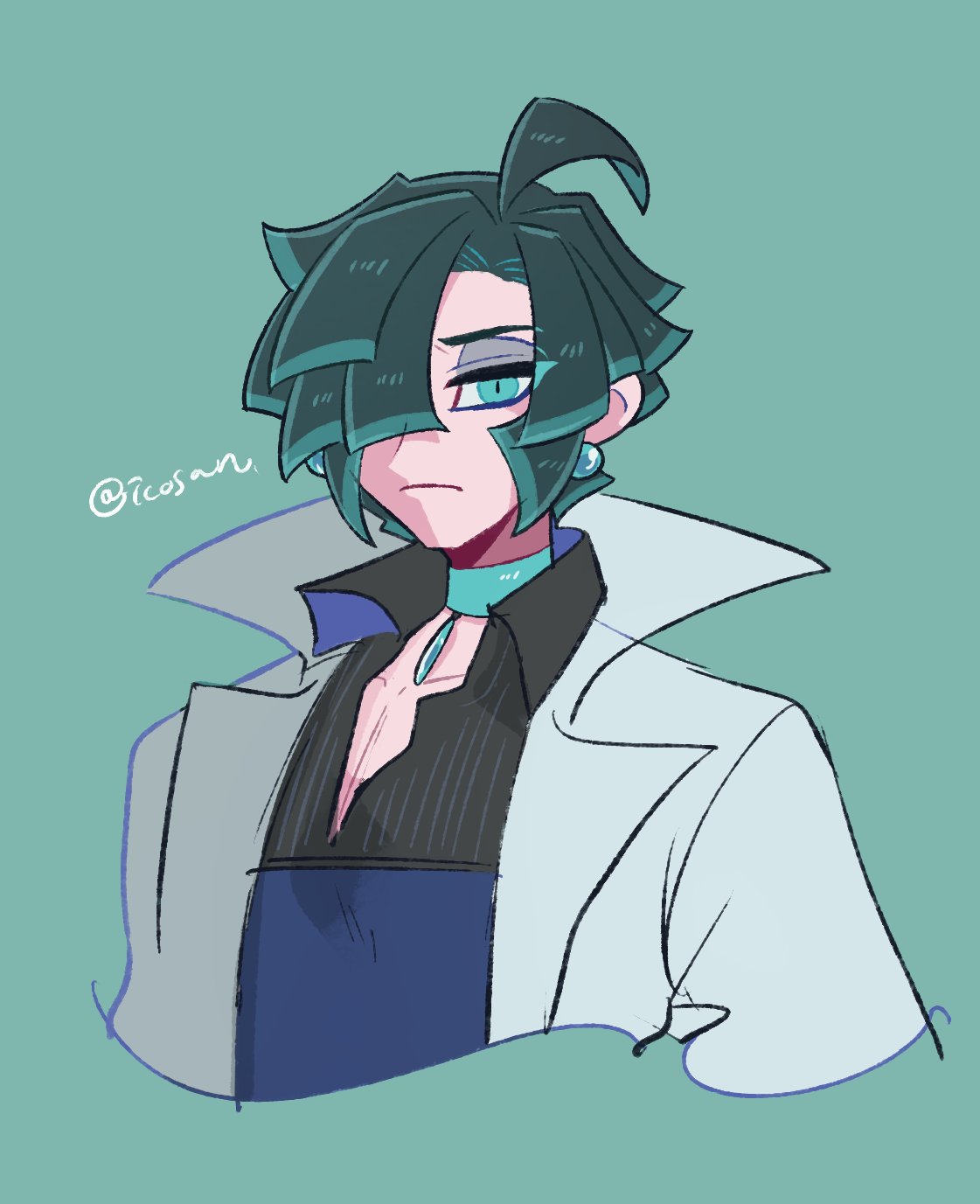 1boy, aqua_eyes, choker, earrings, eyeshadow, green_background, green_hair, green_theme