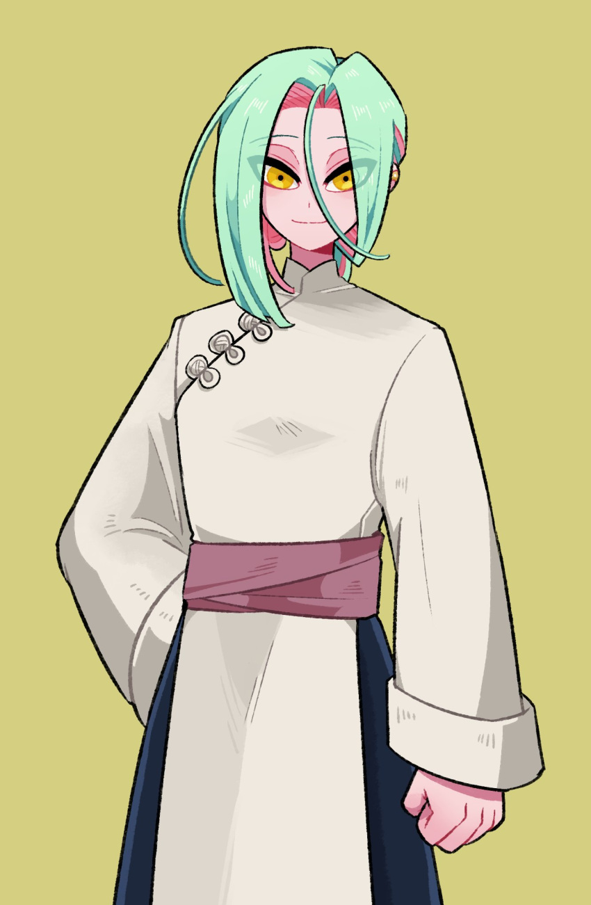 1boy, clenched_hand, eyebrows_visible_through_hair, eyes_visible_through_hair, hand_on_hip, highres, iccoco, long_sleeves