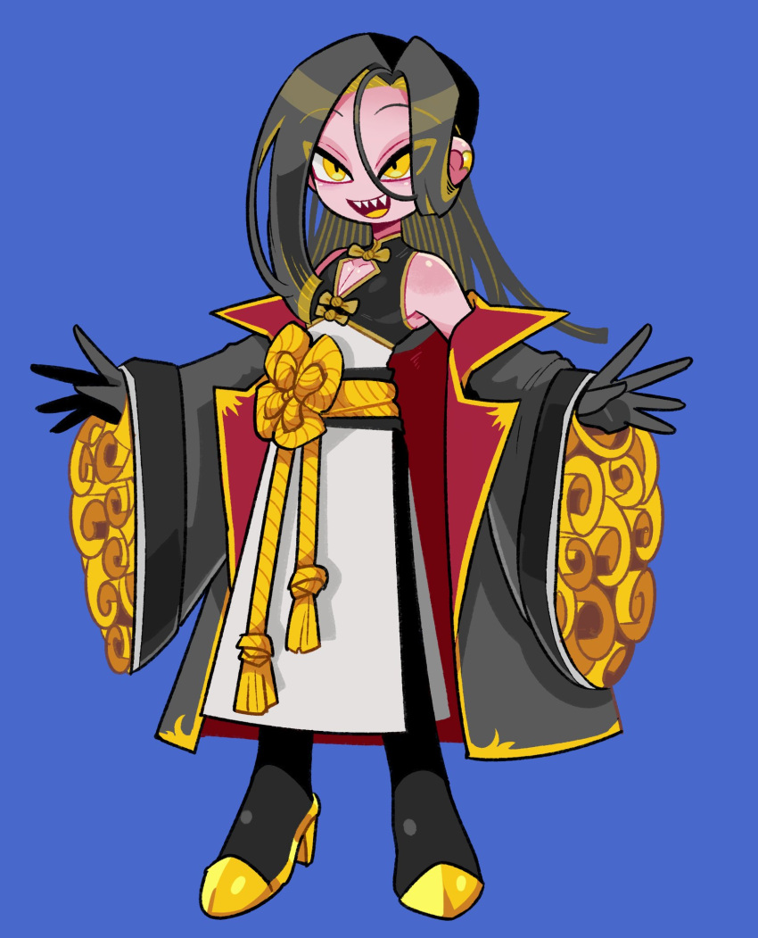 1boy, black_coat, black_hair, blue_background, coat, eyes_visible_through_hair, full_body, highres, iccoco, long_hair, long_sleeves, off_shoulder, open_mouth, original, rope, shadow, sharp_teeth, simple_background, smile, solo, standing, teeth, wide_sleeves, yellow_eyes, yellow_rope