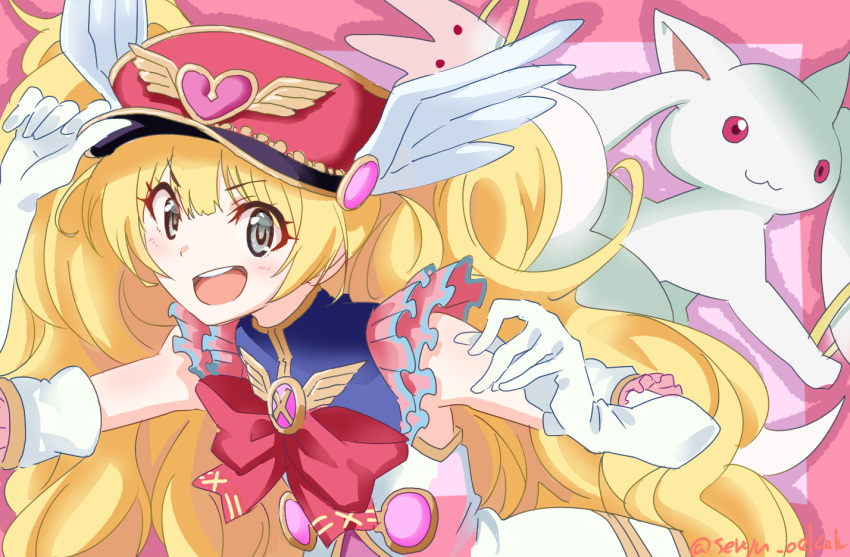 1girl, blush, gloves, granblue_fantasy, hair_between_eyes, hair_ornament, magical_girl, monika_weisswind, open_mouth, princess_connect!, seryu_oekaki, smile, solo, twintails