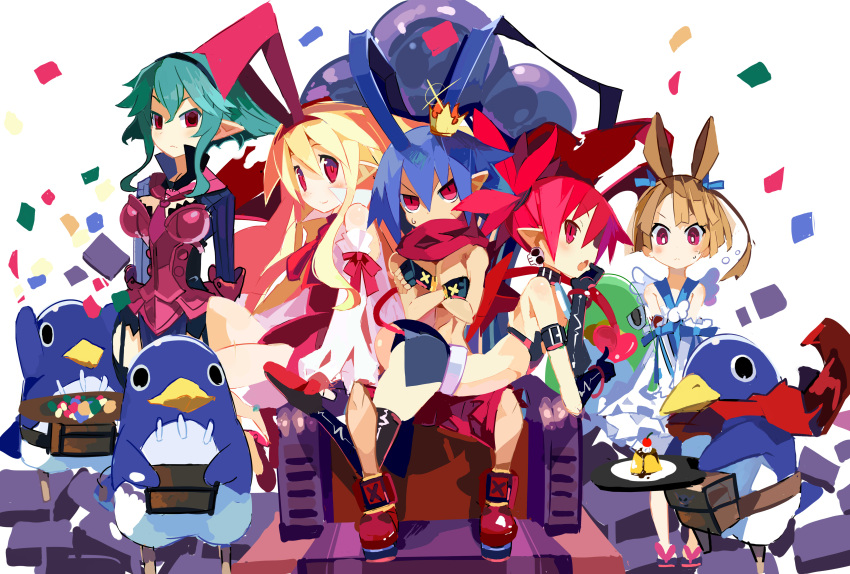 1boy, 4girls, absurdres, ahoge, barbara_(disgaea), blonde_hair, blue_hair, boots