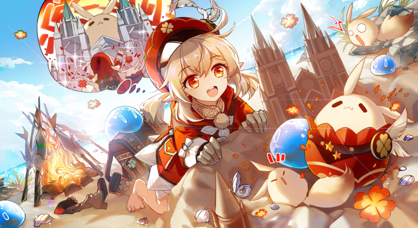 1girl, :d, ahoge, all_fours, backpack, bag, bangs, barefoot