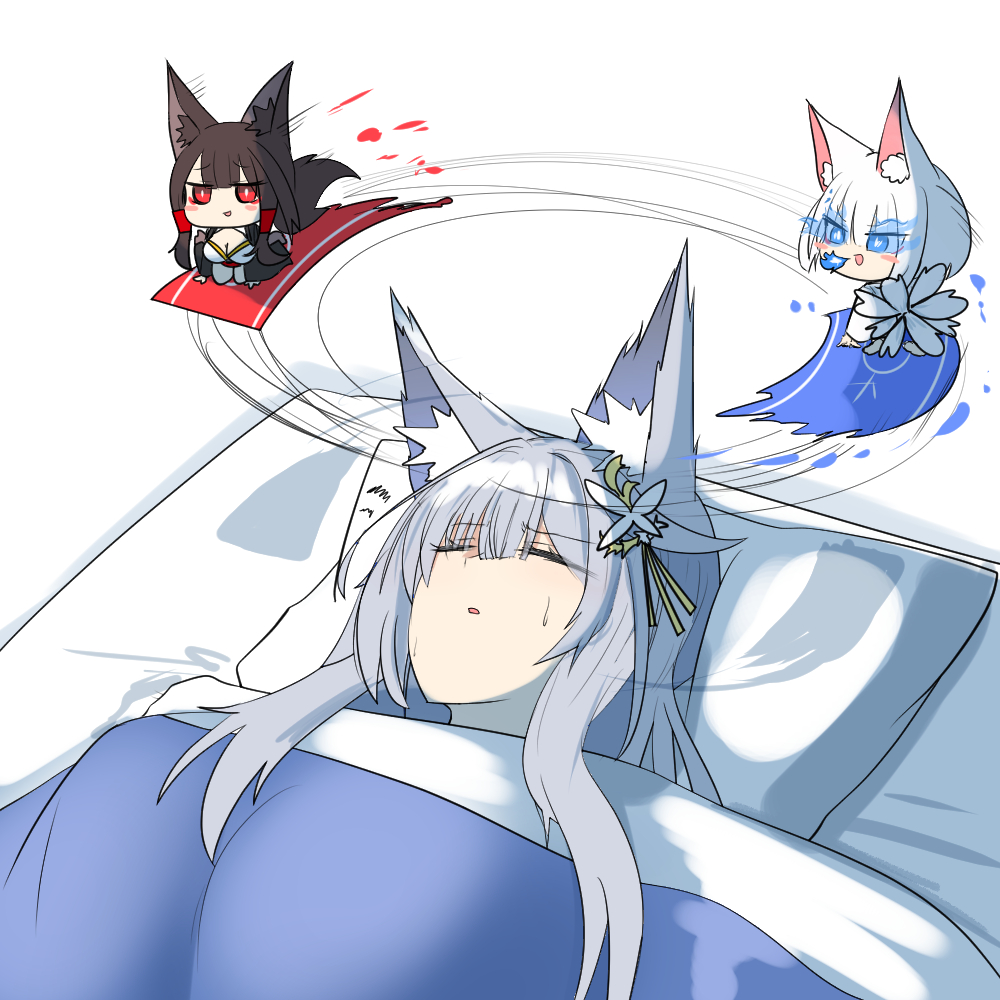 3girls, akagi_(azur_lane), akaoni_(zumt3548), animal_ear_fluff, animal_ears, azur_lane, black_kimono, blanket