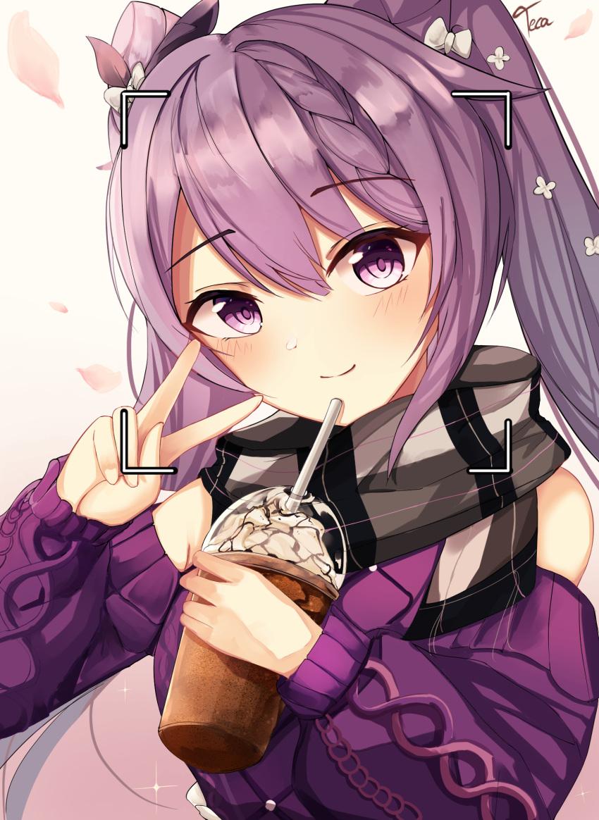 1girl, alternate_costume, bangs, cappuccino_(drink), casual, commentary_request, contemporary, cup