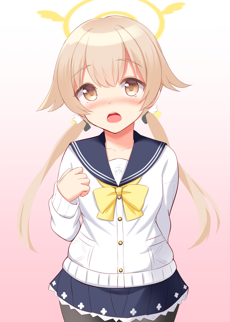 1girl, black_legwear, blue_archive, blush, collarbone, commentary_request, eyebrows_visible_through_hair, hair_between_eyes, hifumi_(blue_archive), light_brown_hair, long_hair, looking_at_viewer, low_twintail, open_mouth, pantyhose, ribbon, school_uniform, simple_background, skirt, solo, tokyo_yamane, yellow_eyes