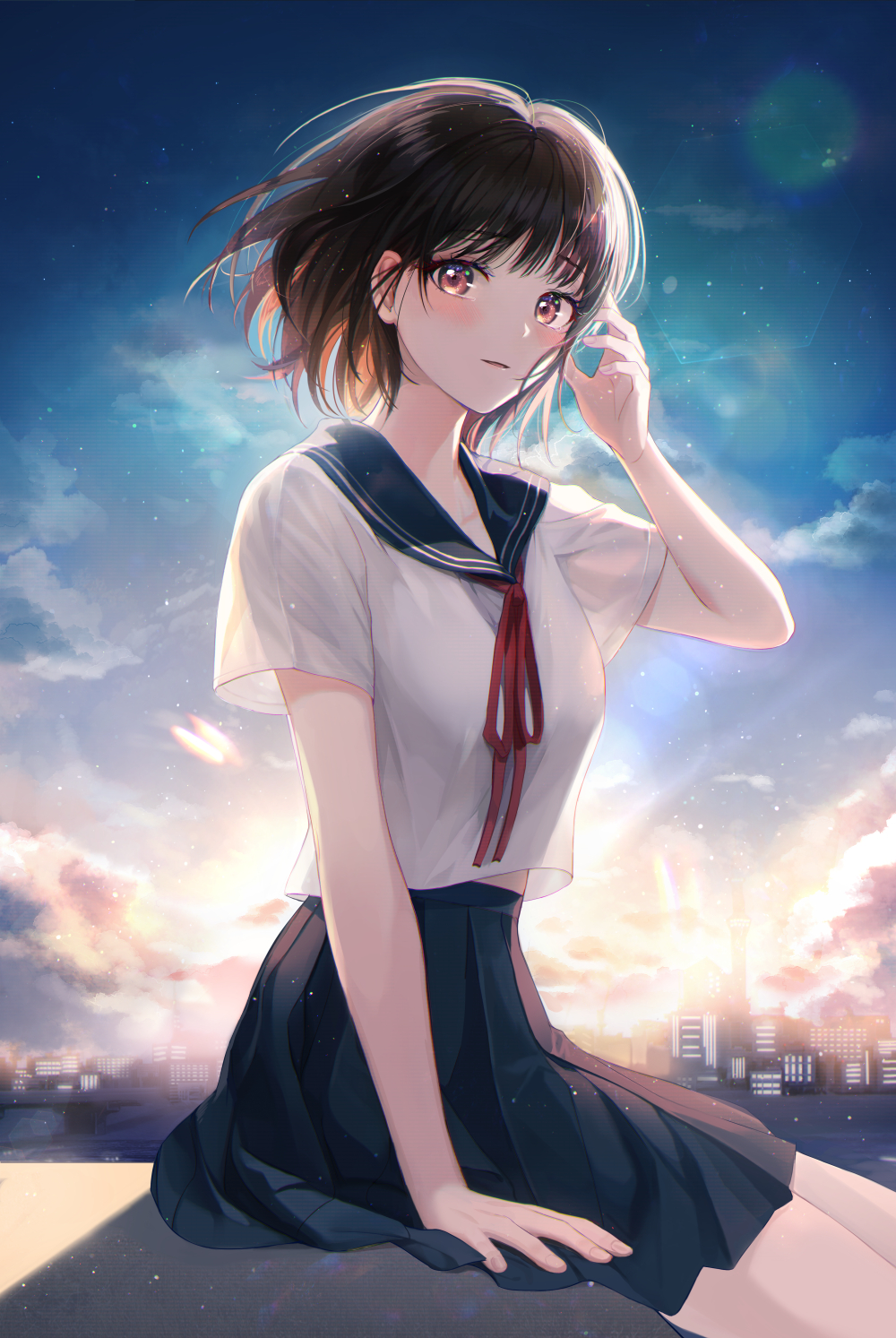 1girl, adjusting_hair, backlighting, bangs, black_hair, blue_sailor_collar, blue_skirt, blue_sky, blush, building, clouds, daby, highres, looking_at_viewer, neck_ribbon, original, parted_lips, pleated_skirt, red_eyes, red_neckwear, red_ribbon, ribbon, sailor_collar, school_uniform, serafuku, shirt, short_hair, short_sleeves, sitting, skirt, sky, solo, sunlight, white_shirt, yuuyake_koyake