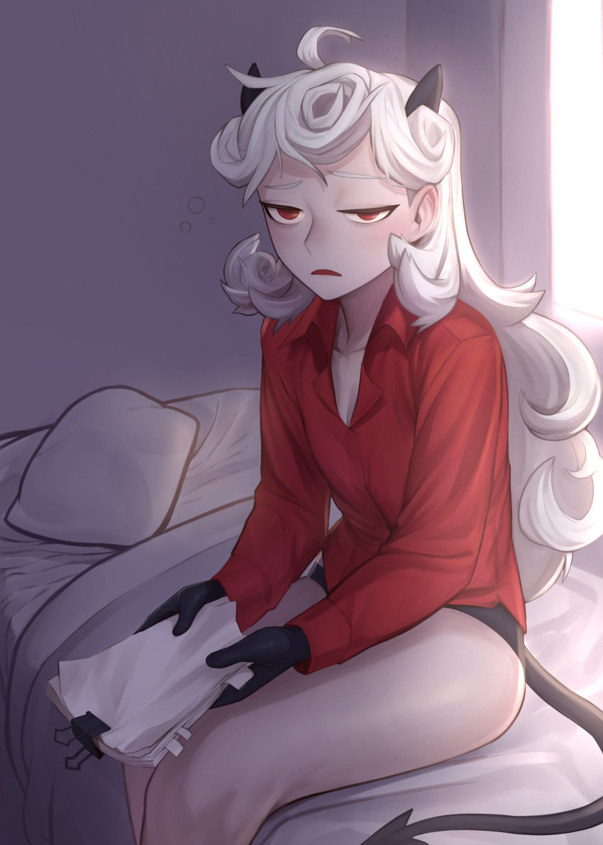1girl, absurdres, ahoge, bangs, bed_sheet, black_gloves, black_panties, demon_girl, demon_horns, flat_chest, glasses, gloves, helltaker, highres, holding, horns, jdw, long_hair, long_sleeves, looking_at_viewer, no_pants, on_bed, open_mouth, pandemonica_(helltaker), panties, paper, pillow, red_eyes, red_shirt, shirt, sitting, sleepy, solo, tail, underwear, white_hair