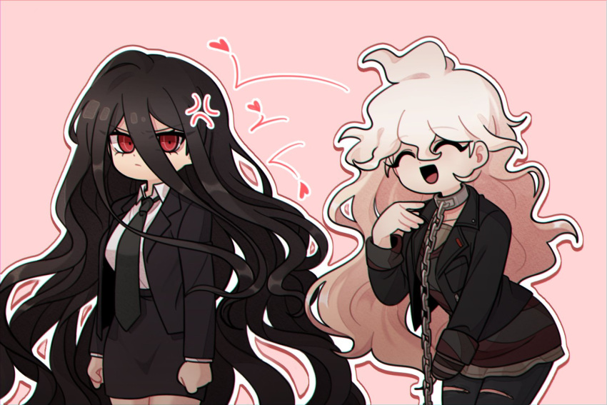 :d, anger_vein, annoyed, arms_at_sides, bangs, black_neckwear, black_pants, black_skirt