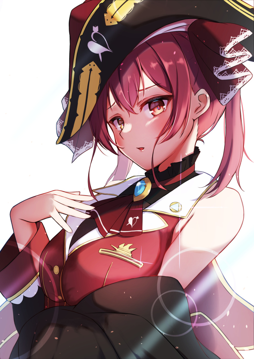 1girl, arrow_through_heart, ascot, bangs, bare_shoulders, bicorne, black_choker, black_coat