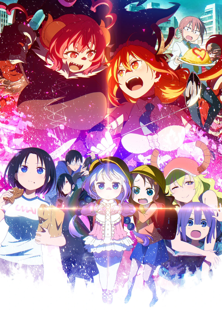 3boys, 6+girls, :d, :o, black_hair, blonde_hair, confrontation, elma_(maidragon), evil_smile, eye_contact, fafnir_(maidragon), food, highres, iruru, kanna_kamui, key_visual, kobayashi-san_chi_no_maidragon, kobayashi_(maidragon), looking_at_another, magatsuchi_shouta, multiple_boys, multiple_girls, official_art, omurice, open_mouth, projected_inset, promotional_art, purple_hair, quetzalcoatl_(maidragon), redhead, saikawa_riko, smile, takiya_makoto, tohru_(maidragon), v-shaped_eyebrows, webp-to-png_conversion, white_hair