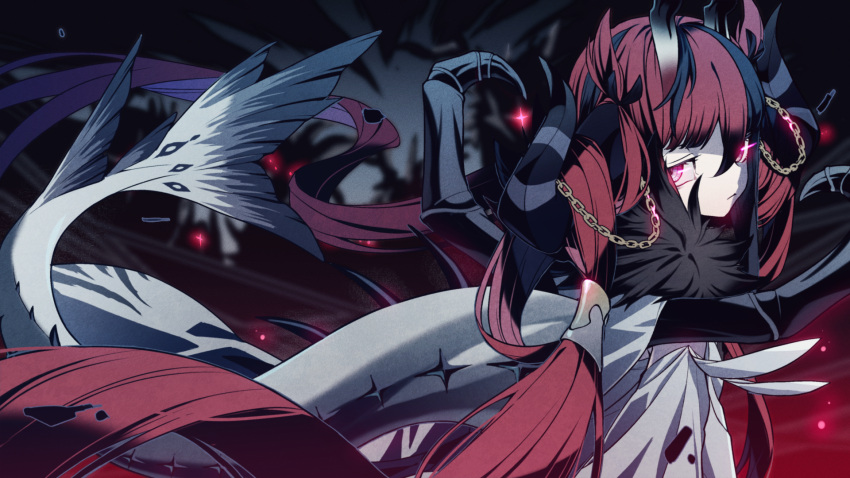 1girl, alchemy_stars, black_hair, black_horns, chain, closed_mouth, dragon_tail, dress