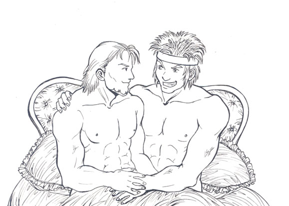 2boys, abs, autumn_sacura, bartre, beard, bed, dorcas, fire_emblem, monochrome, simple_background, yaoi