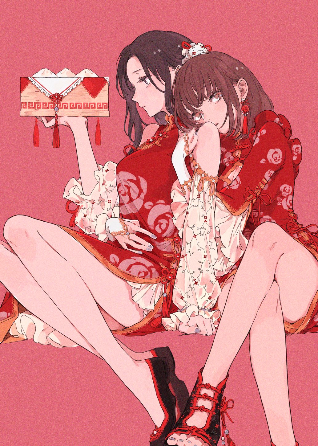 2girls, bamboo_steamer, bangs, bare_legs, bare_shoulders, black_eyes, black_footwear, black_hair, blue_nails, box, bra, breast_cutout, breasts, brown_eyes, brown_hair, china_dress, chinese_clothes, clenched_hand, crossed_legs, cupless_bra, detached_sleeves, dress, dumpling, earrings, eyebrows_visible_through_hair, floral_print, flower, flower_earrings, food, hair_behind_ear, hair_ornament, head_on_another's_shoulder, highres, holding, holding_box, holding_stomach, hug, jewelry, kakmxxxny06, long_hair, long_sleeves, looking_at_viewer, looking_away, looking_down, looking_to_the_side, multiple_girls, nail_polish, original, petals, red_dress, red_flower, red_theme, ribbon, rose, rose_petals, sitting, sleeves_past_wrists, underwear, yokozuwari, yuri