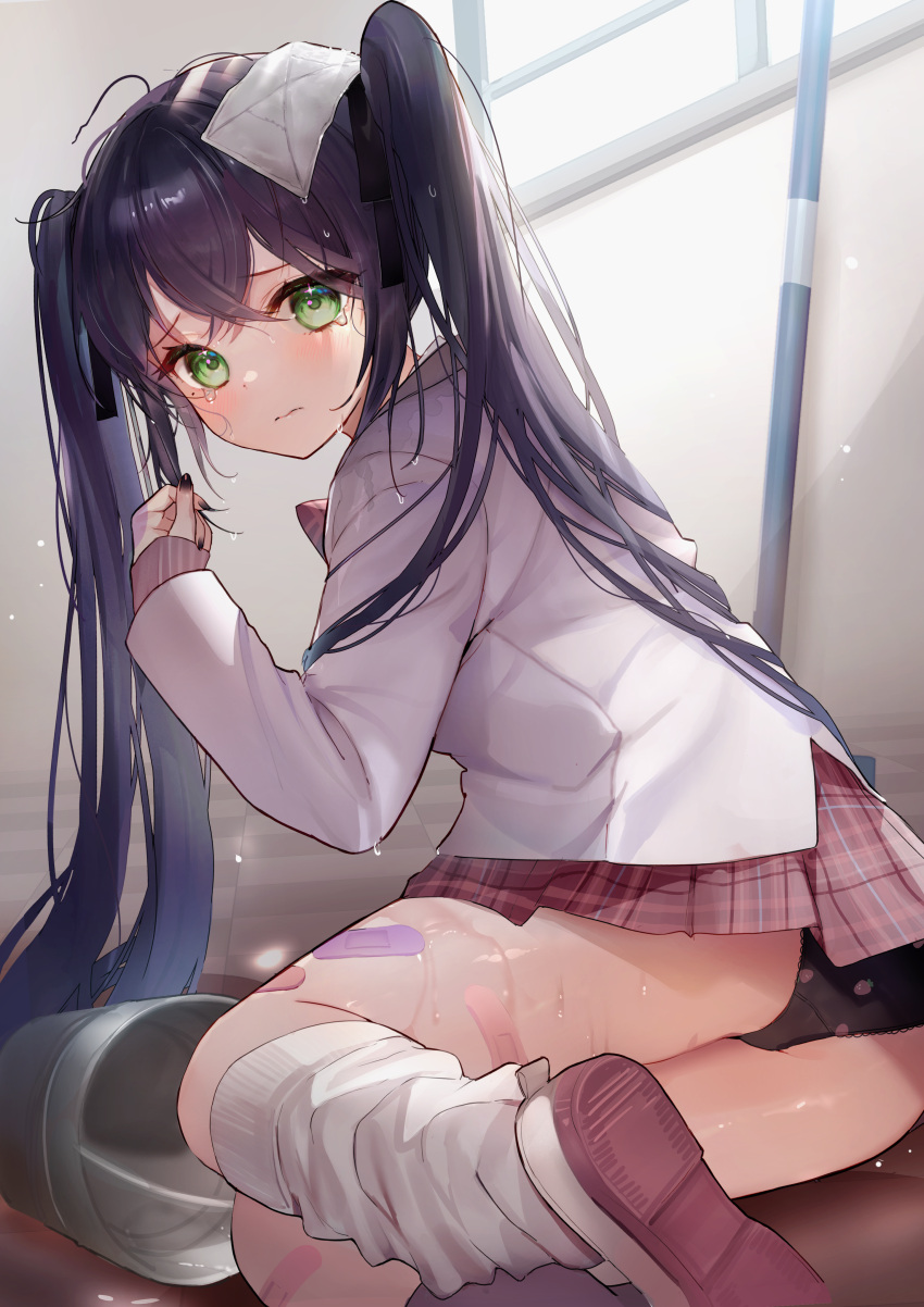 1girl, absurdres, bandaid, bandaid_on_leg, bangs, black_hair, black_nails, black_panties