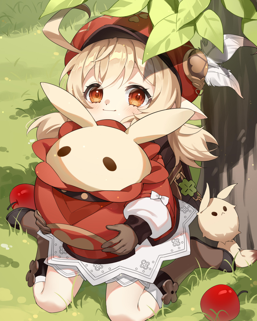 1girl, absurdres, ahoge, apple, backpack, bag, bag_charm, bangs