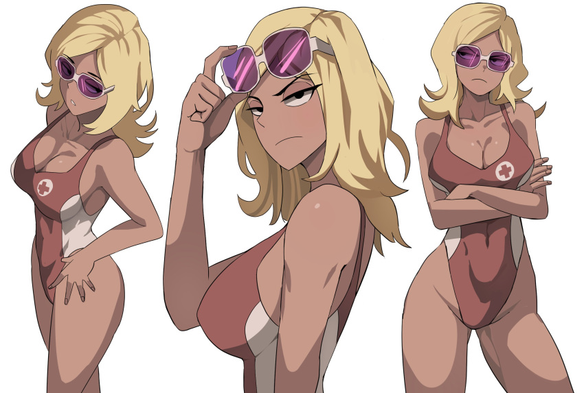 1girl, blonde_hair, breasts, highres, holding, holding_eyewear, jourd4n, kick_buttowski, lifeguard, one-piece_swimsuit, red_swimsuit, shannon_(kick_buttowski), solo, sunglasses, swimsuit, tan