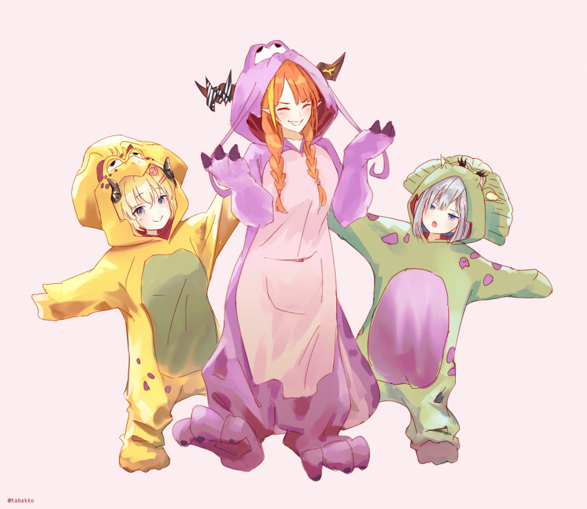 3girls, absurdres, alternate_costume, amane_kanata, angel, animal_costume, bangs, barney_&amp;_friends, blonde_hair, blue_eyes, blue_hair, bow, braid, closed_eyes, closed_mouth, colored_inner_hair, commentary, cosplay, curled_horns, diagonal-striped_bow, dinosaur_costume, dragon_costume, dragon_girl, dragon_horns, english_commentary, eyebrows_visible_through_hair, full_body, grin, hair_ornament, hairclip, highres, hololive, hood, hood_up, horn_bow, horns, jitome, kigurumi, kiryu_coco, kiryu_coco_(dragon), light_blush, long_hair, looking_at_viewer, low_twin_braids, low_twintails, mascot_costume, mr.holmes, multicolored_hair, multiple_girls, official_alternate_costume, orange_hair, outstretched_arms, pink_background, pointy_ears, sheep_girl, sheep_horns, short_hair, sidelocks, silver_hair, simple_background, smile, standing, streaked_hair, striped, striped_bow, tsunomaki_watame, twin_braids, twintails, twitter_username, virtual_youtuber