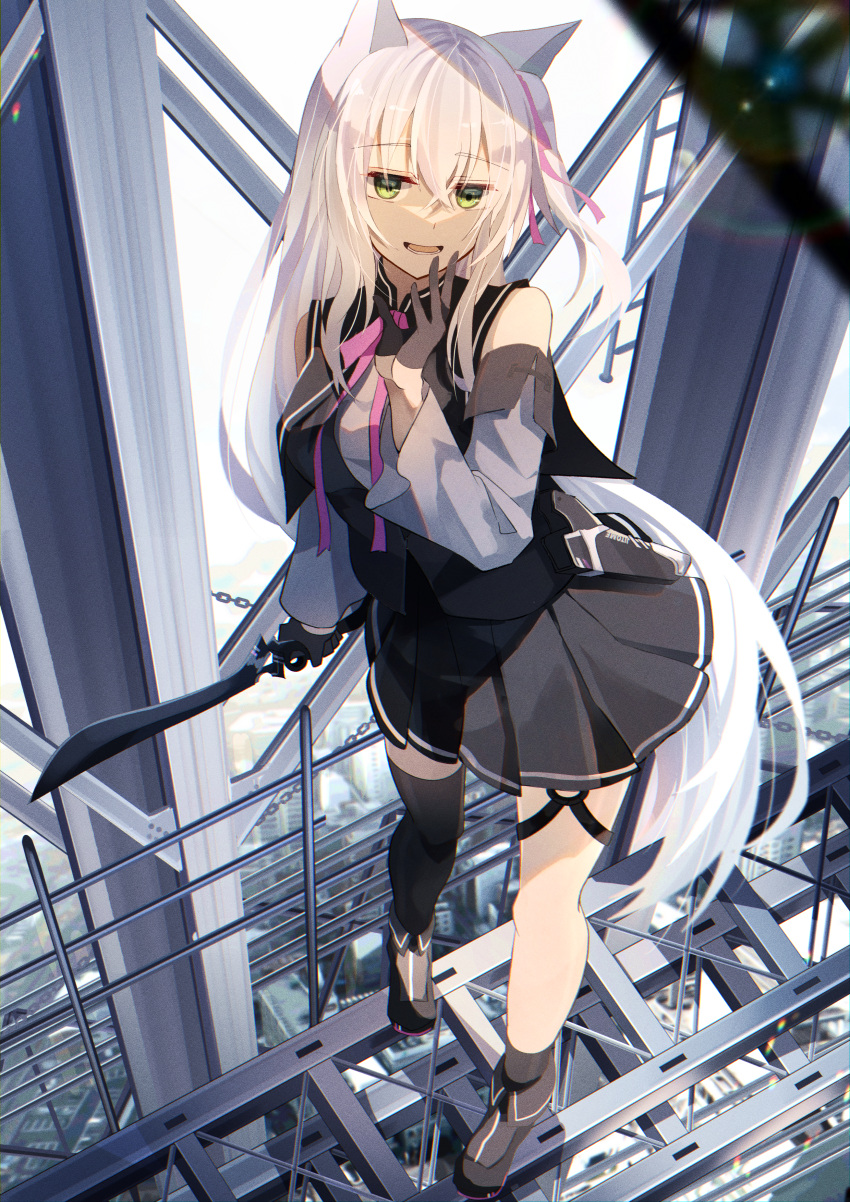 1girl, :d, absurdres, animal_ears, cityscape, detached_sleeves, english_commentary, full_body