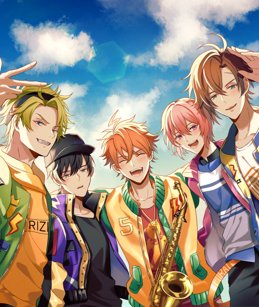 5boys, ahoge, argonavis_from_bang_dream!, bang_dream!, baseball_cap, black_hair, brown_hair, clouds, day, fuujin_rizing!, gotou_misaki_(argonavis), green_hair, happy, hat, hayasaka_kouhei, headband, highres, instrument, kaminoshima_fuuta, male_focus, mugen25, multiple_boys, orange_hair, pink_hair, salute, saxophone, sky, smile, tsubaki_yamato, v, wakakusa_aoi