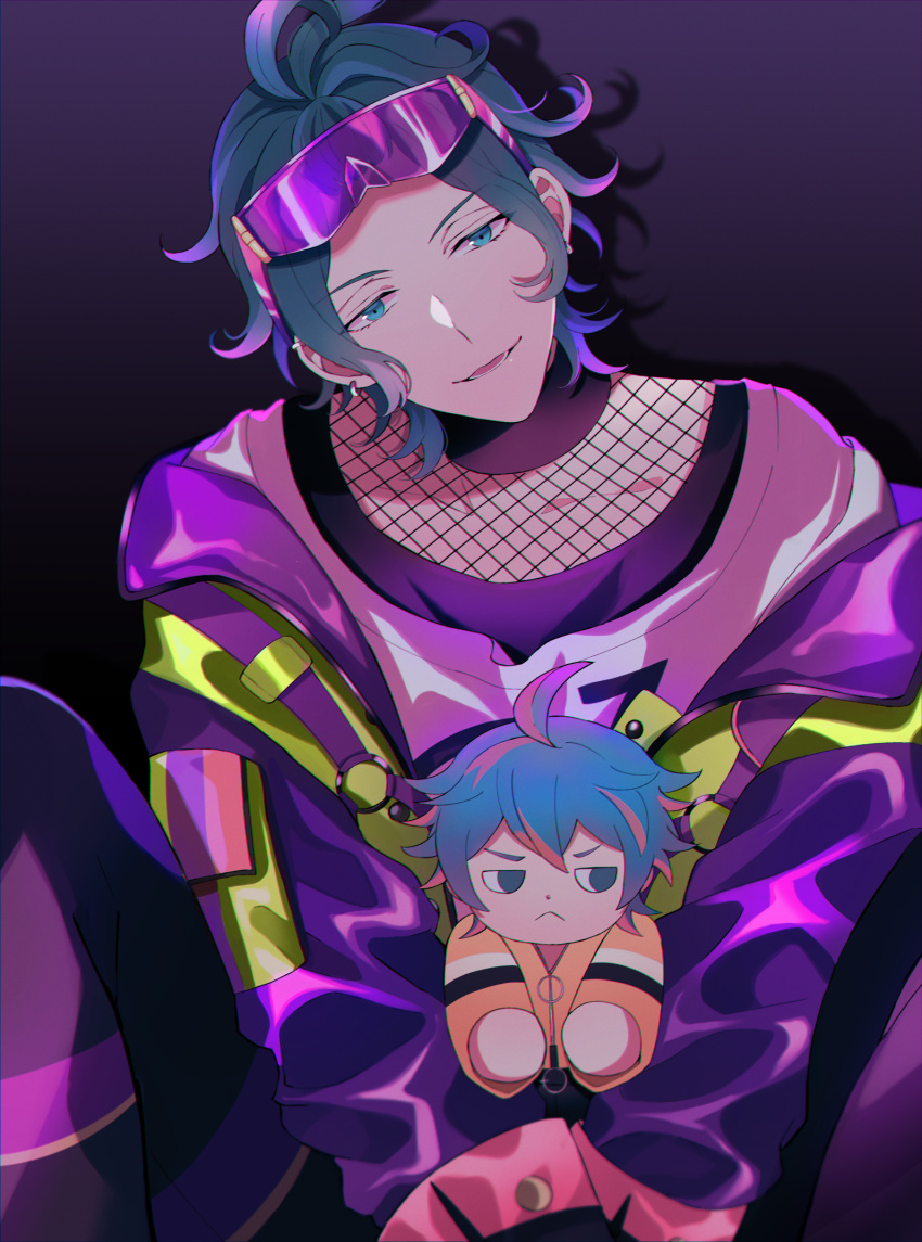 1boy, ahoge, argonavis_from_bang_dream!, bang_dream!, character_doll, fishnet_top, fishnets, green_hair, head_tilt, highres, jacket, male_focus, mugen25, nijou_haruka, nijou_kanata, sitting, solo, tagme, visor