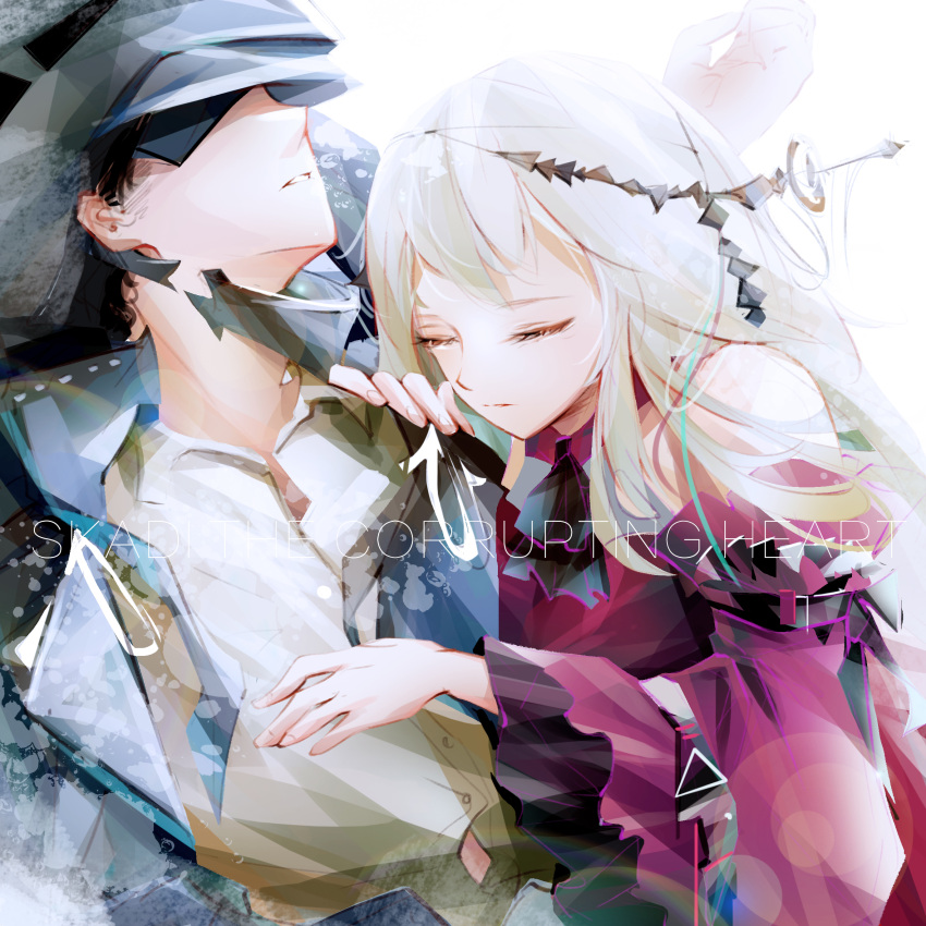 1boy, 1girl, aqua_gloves, arknights, ascot, bangs, bare_shoulders, black_neckwear