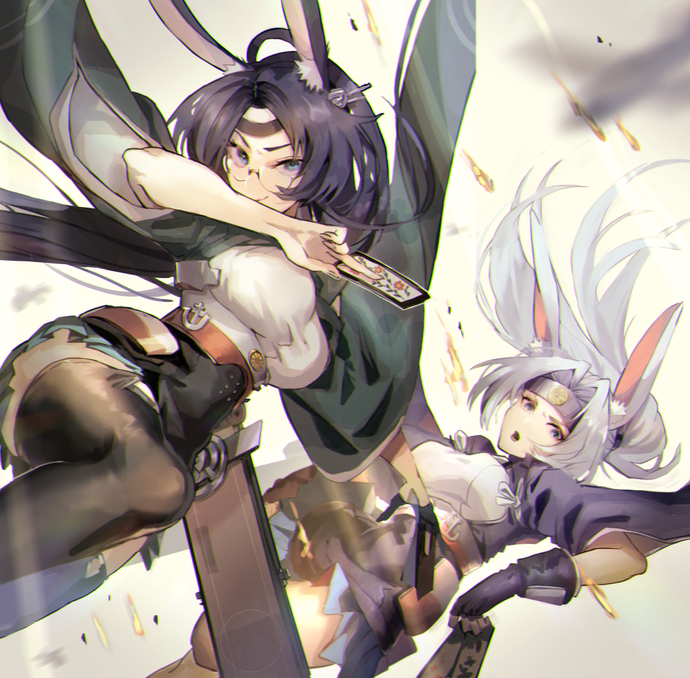 2girls, anchor_symbol, animal_ear_fluff, animal_ears, azur_lane, black_gloves, black_hair, black_legwear