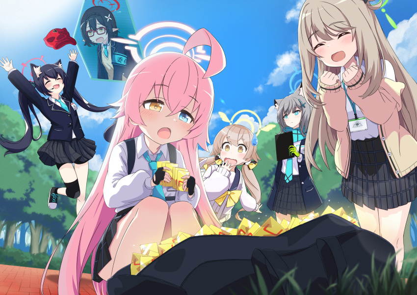 6+girls, ahoge, animal_ears, ayane_(blue_archive), bag, blue_archive, cat_ears, closed_eyes, commentary_request, fox_ears, halo, happy, heterochromia, hifumi_(blue_archive), highres, hologram, hoshino_(blue_archive), jumping, long_hair, money, multiple_girls, nonomi_(blue_archive), open_mouth, pink_hair, serika_(blue_archive), shiroko_(blue_archive), sitting, sky, suezu1022, surprised, twintails