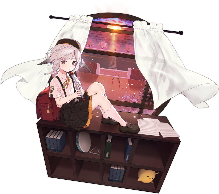 1girl, animal_ears, azur_lane, beret, black_headwear, black_skirt, book, bookshelf