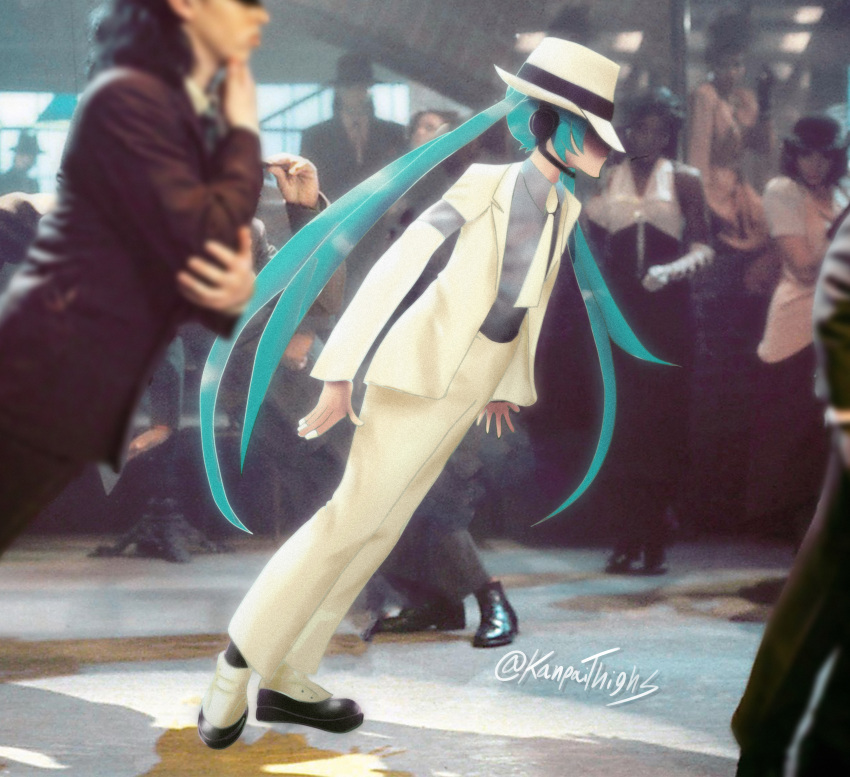 absurdres, aqua_hair, armband, commentary, cosplay, derivative_work, fedora, formal