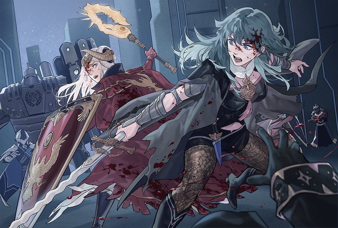 2girls, axe, aymr_(fire_emblem), battle, bleeding, blood, bloody_clothes, boots