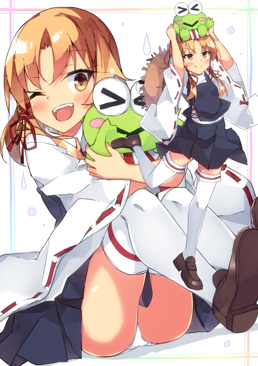 >:), 1girl, ;d, arms_up, bangs, beritabo, black_skirt, black_vest