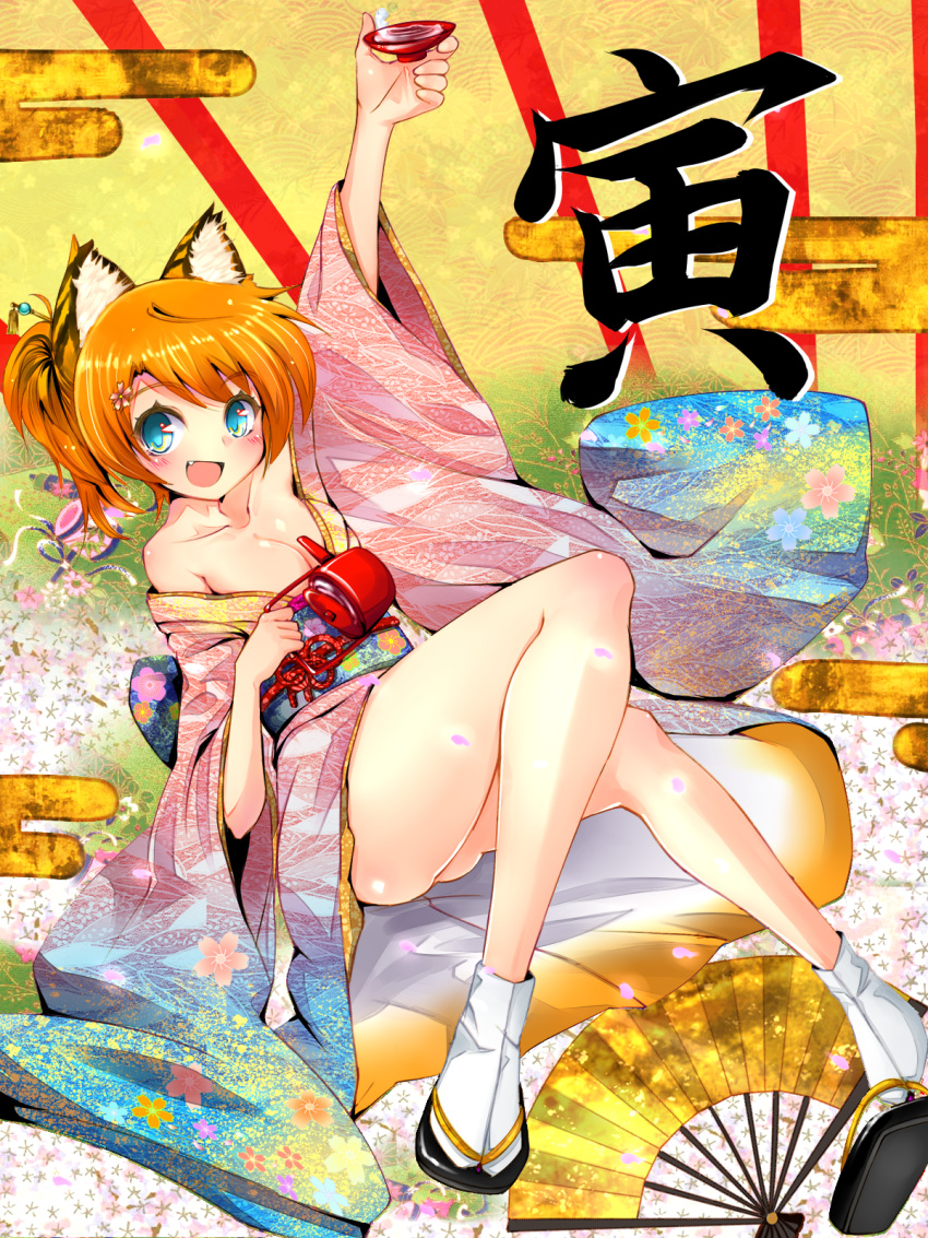 animal_ears, blue_eyes, blush, breasts, cleavage, collarbone, egasumi, fan