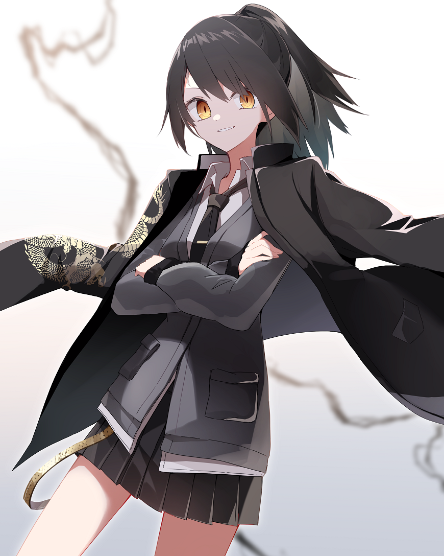1girl, a.a_(aa772), alchemy_stars, black_hair, black_jacket, black_neckwear, black_skirt, blurry