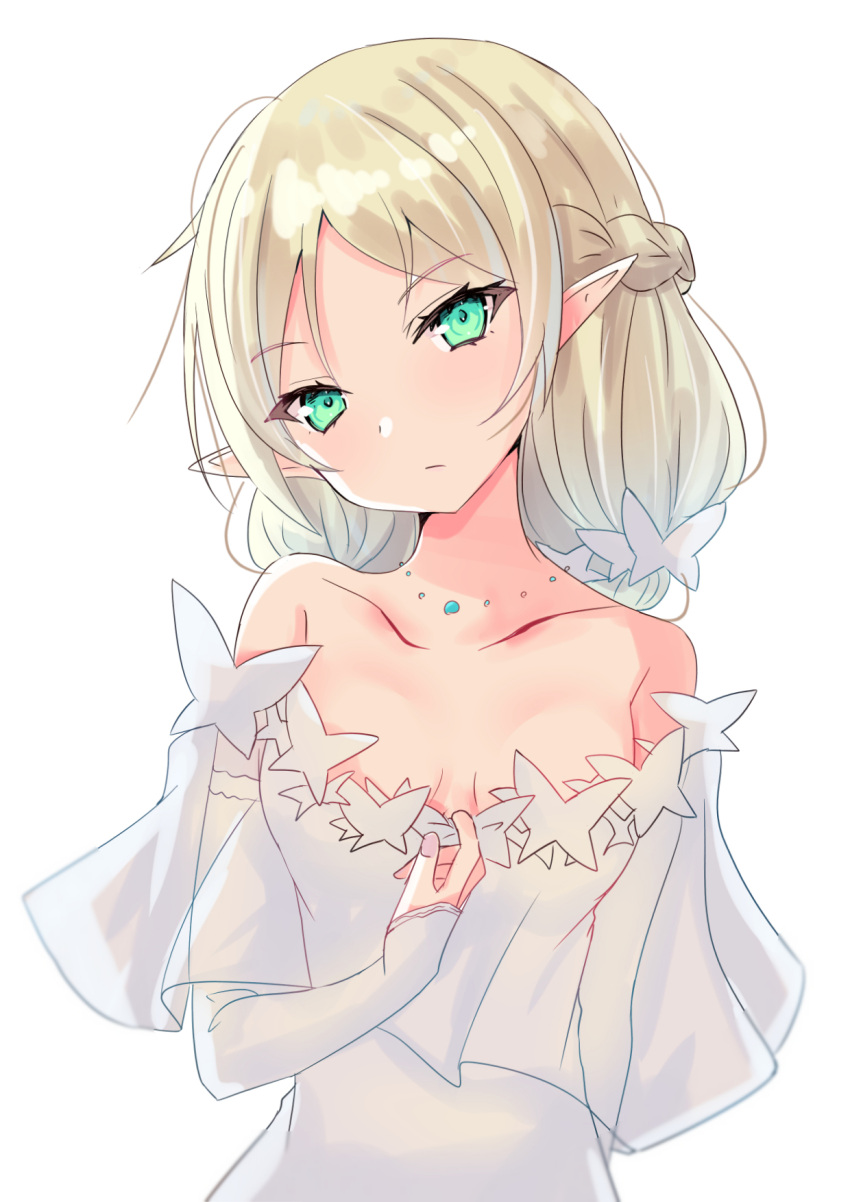 1girl, bangs, bare_shoulders, blonde_hair, braid, breasts, closed_mouth, collarbone