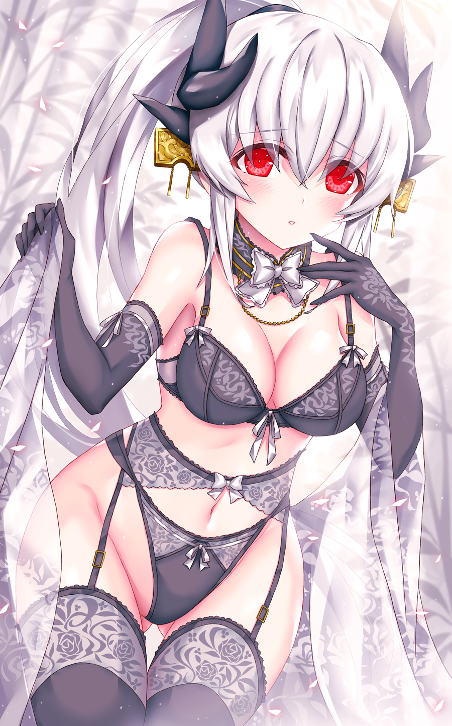 1girl, black_bra, black_gloves, black_legwear, black_panties, bra, breasts, dragon_girl