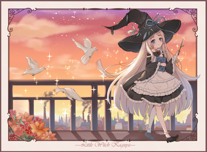 1girl, bird, blue_eyes, dove, flower, hat, highres, holding